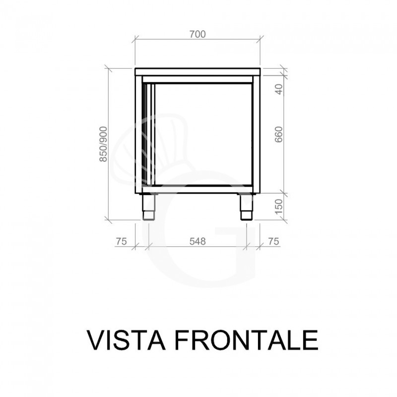 Mesa mural de acero inoxidable 1 puerta batiente L 700 mm x P 800 mm x A 850 mm