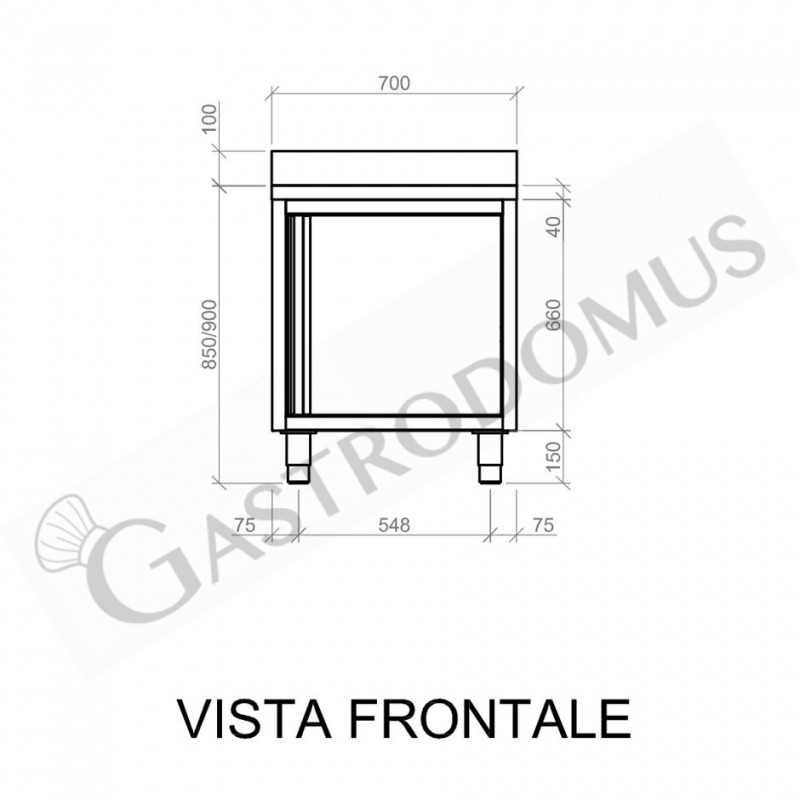 Mesa mural de acero inoxidable 1 puerta batiente y peto L 700 mm x P 600 mm x A 950 mm