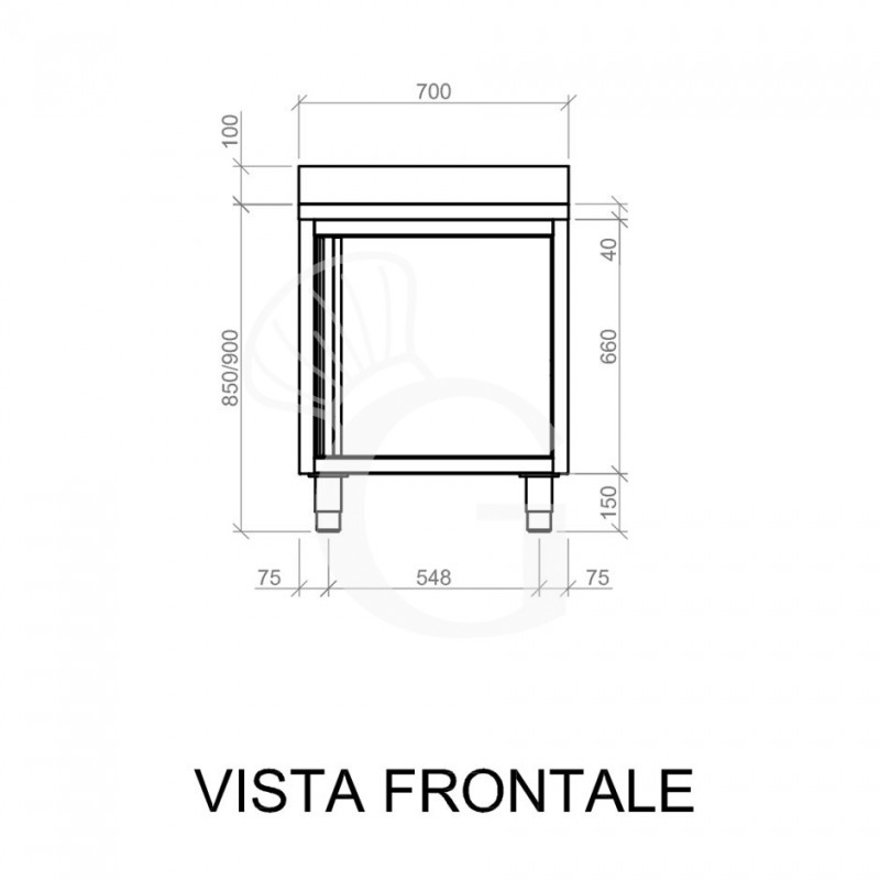 Mesa mural de acero inoxidable 1 puerta batiente y peto L 700 mm x P 800 mm x A 950 mm