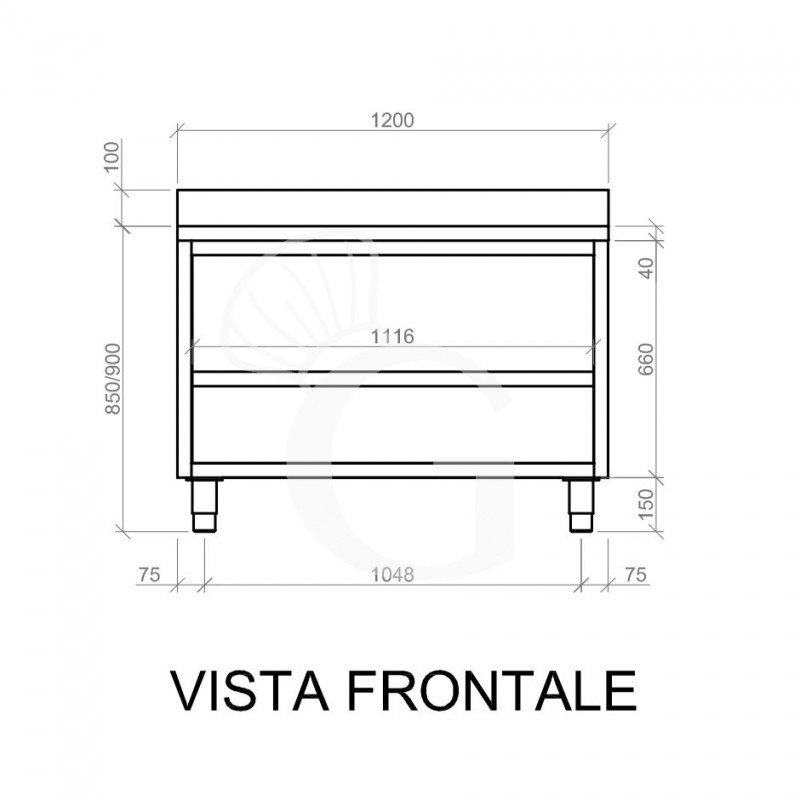 Mesa contrabarra de acero inoxidable con 2 estantes y peto L 1200 mm x P 700 mm x A 950 mm
