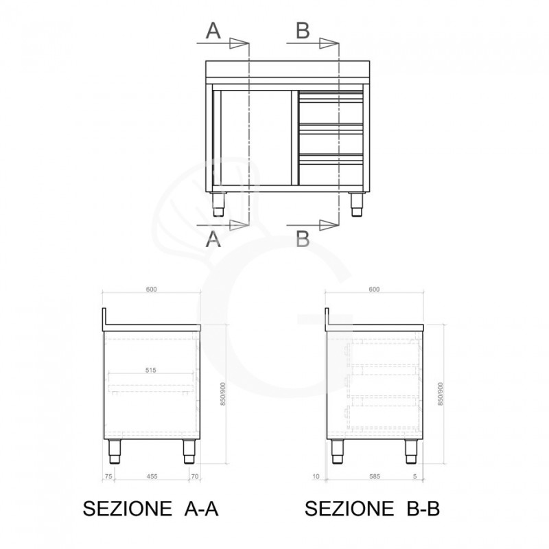 Mesa mural de acero inoxidable 2 puertas correderas, 3 cajones a la izquierda y peto L 2400 mm x P 600 mm x A 950 mm
