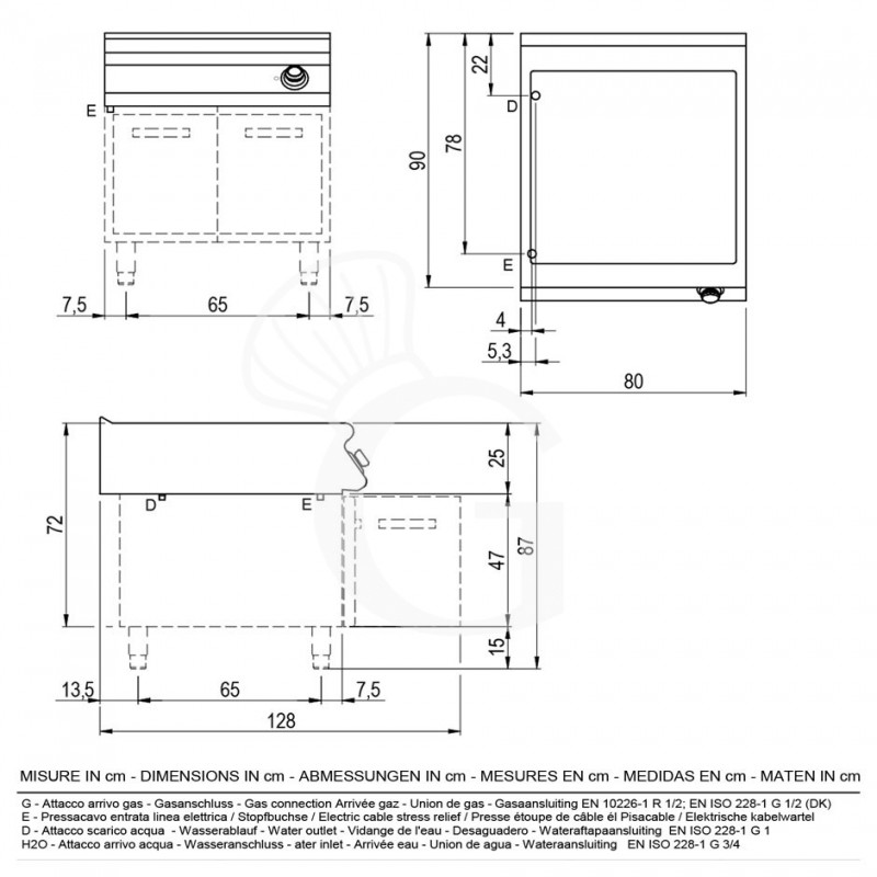 Baño maría eléctrico sobre armario abierto preparado para cubetas GN A 150 mm L 800 mm x P 900 mm.