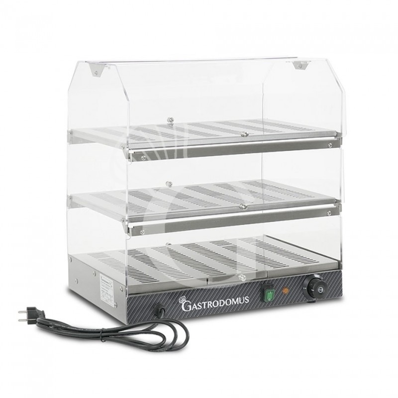 Vitrina caliente de acero inoxidable y plexiglás 3 estantes +30°C/+90°C L 510 mm x P 350 mm x A 550 mm