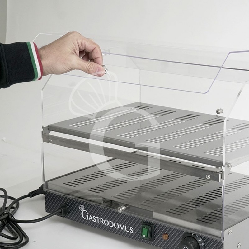 Vitrina caliente de acero inoxidable y plexiglás 3 estantes +30°C/+90°C L 510 mm x P 350 mm x A 550 mm
