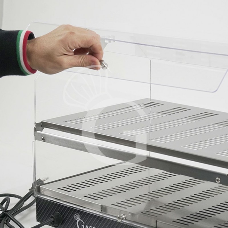 Vitrina caliente de acero inoxidable y plexiglás 2 estantes +30°C/+90°C L 510 mm x P 350 mm x A 385 mm