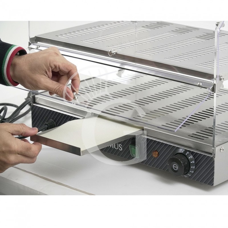 Vitrina caliente de acero inoxidable y plexiglás 2 estantes +30°C/+90°C L 510 mm x P 350 mm x A 385 mm