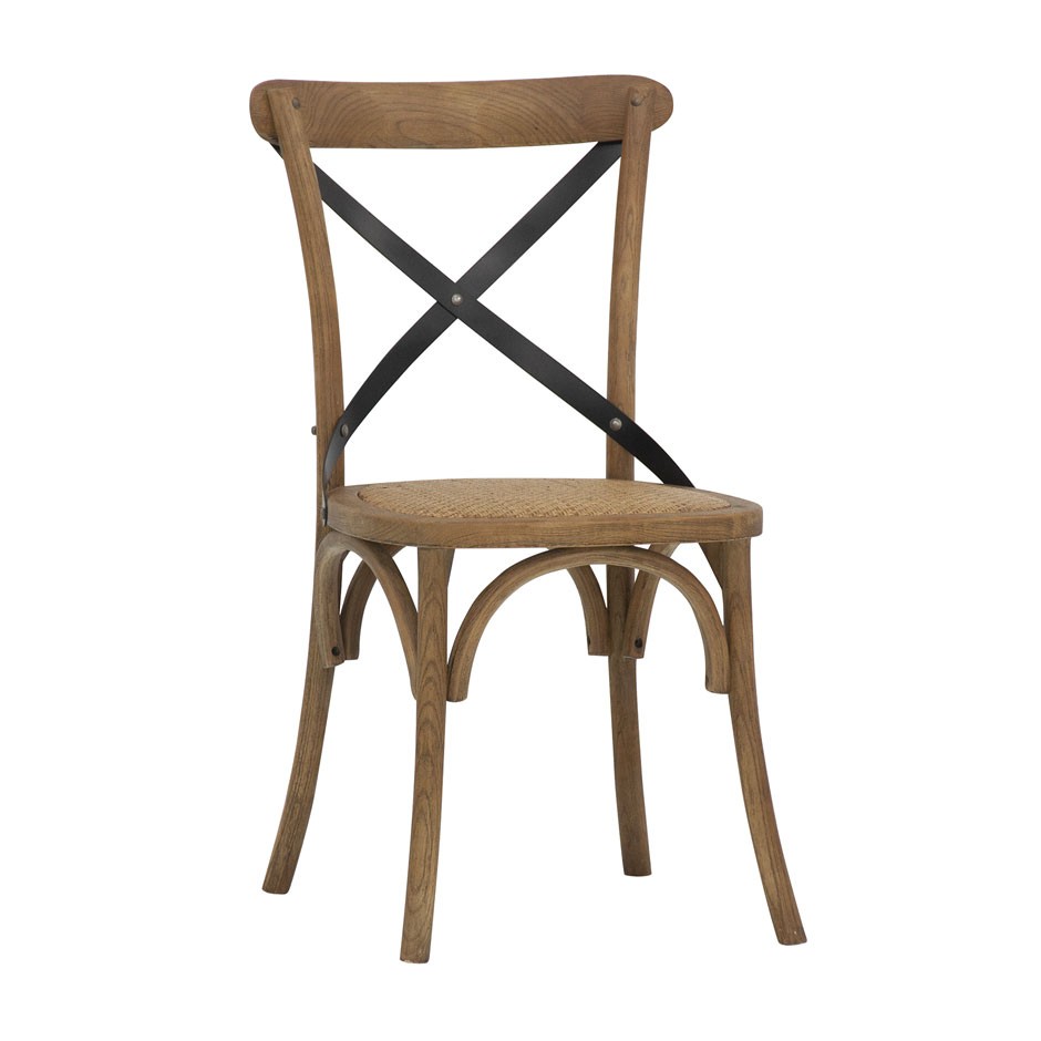 Silla Lesotho con estructura de madera y metal con efecto antiguo y asiento de ratán
