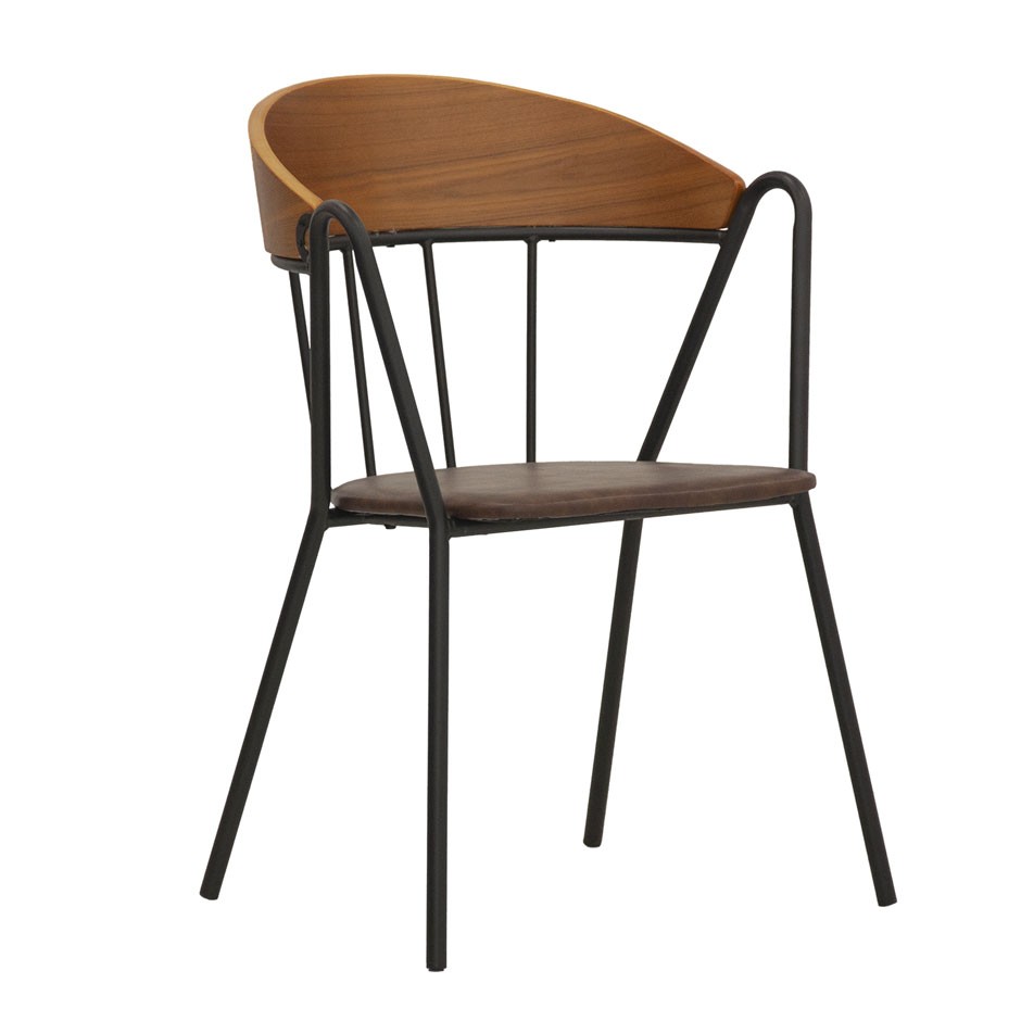 Silla Maryland con estructura de metal pintado, respaldo de madera y cojín de piel sintética