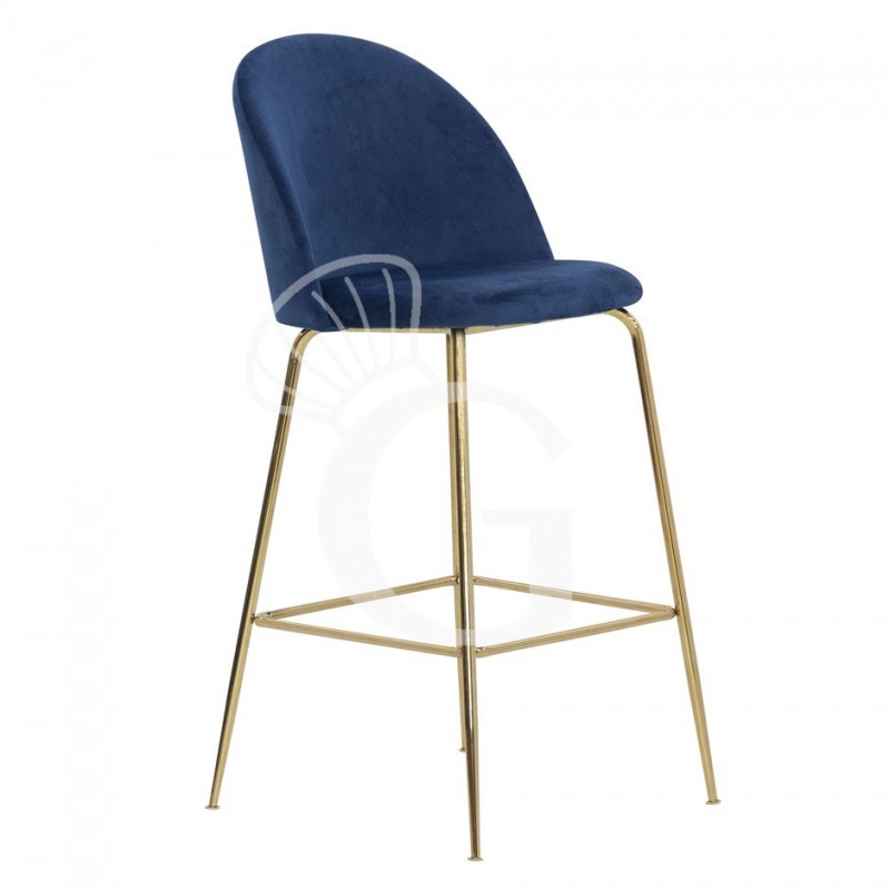 Taburete Edward con estructura de metal latonado y tapicería de terciopelo, azul