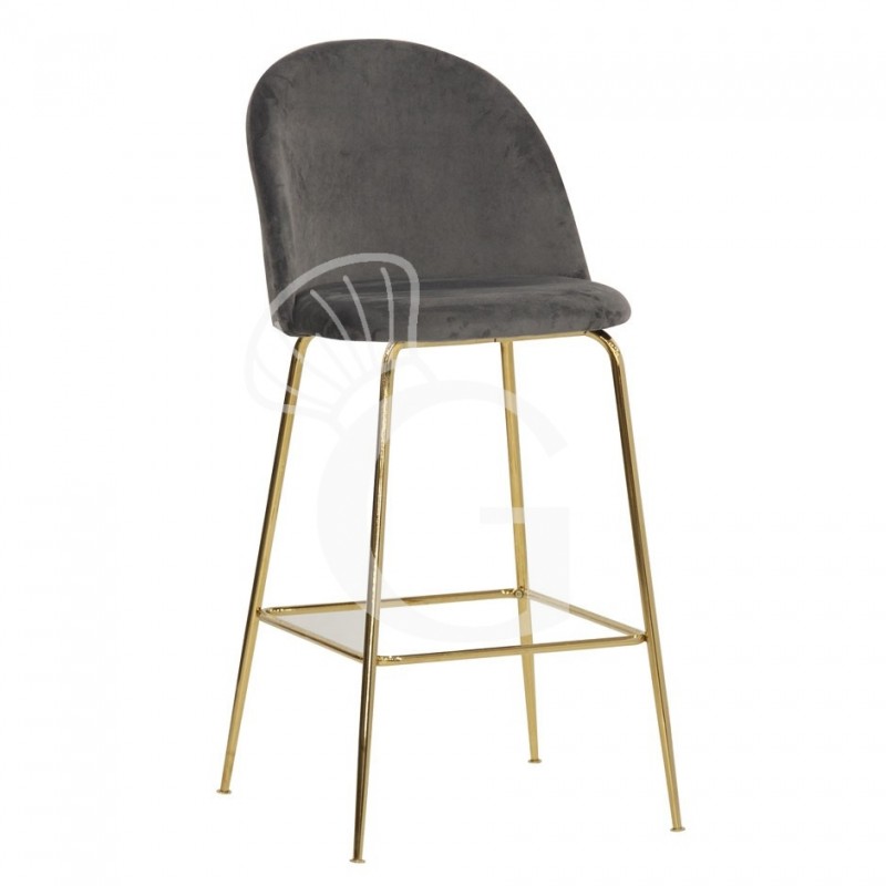 Taburete Edward con estructura de metal latonado y tapicería de terciopelo, gris oscuro