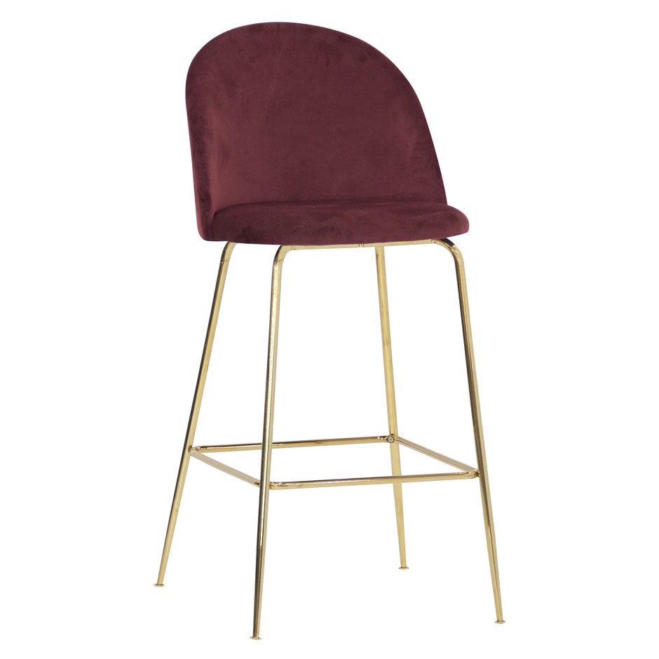 Taburete Edward con estructura de metal latonado y tapicería de terciopelo, rojo