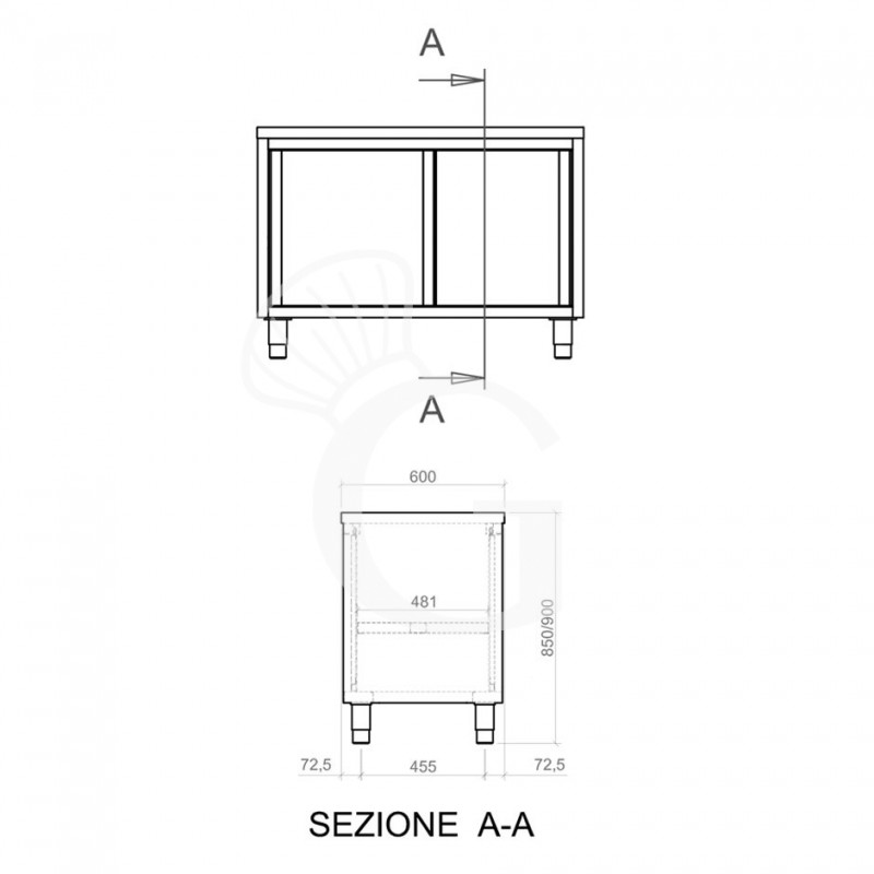 Mesa mural de acero inoxidable con puertas correderas dobles L 2000 mm x P 600 mm x A 850 mm