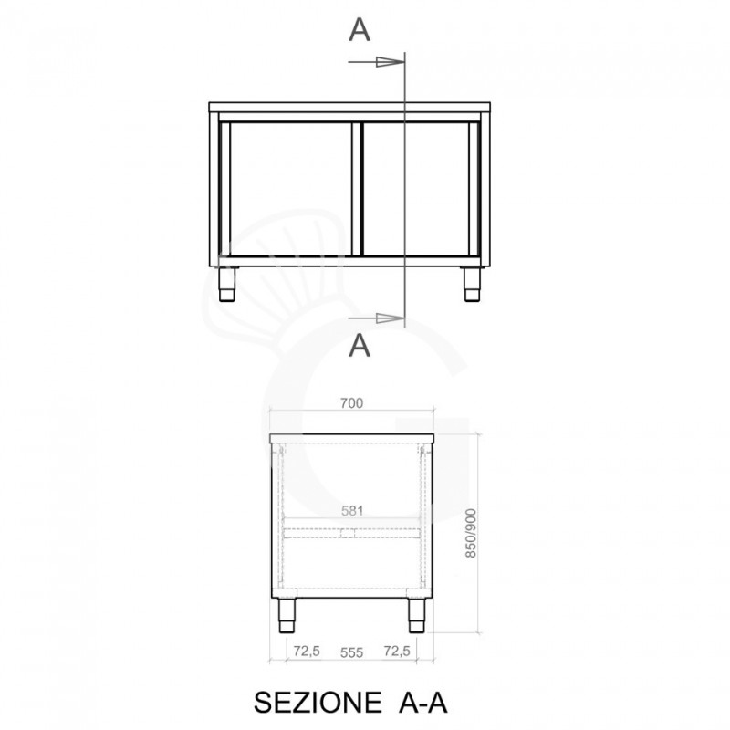 Mesa mural de acero inoxidable con puertas correderas dobles L 1400 mm x P 700 mm x A 850 mm