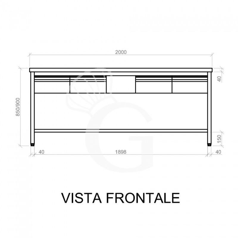 Mesa de acero inoxidable con estante y 4 cajones L 2000 mm x P 600 mm x A 850 mm