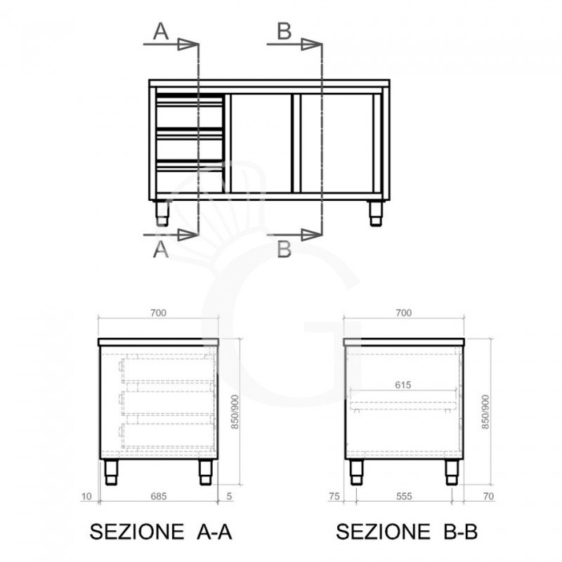 Mesa mural de acero inoxidable 2 puertas correderas, 3 cajones a la izquierda L 2300 mm x P 700 mm x A 850 mm