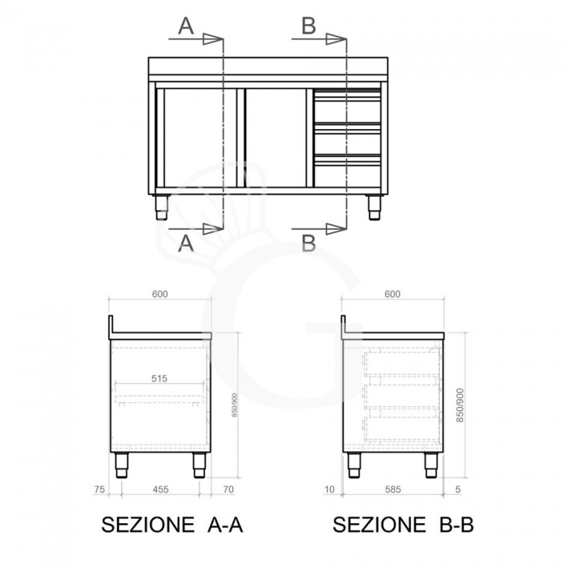 Mesa mural de acero inoxidable 2 puertas correderas, 3 cajones a la derecha y peto L 2400 mm x P 600 mm x A 950 mm