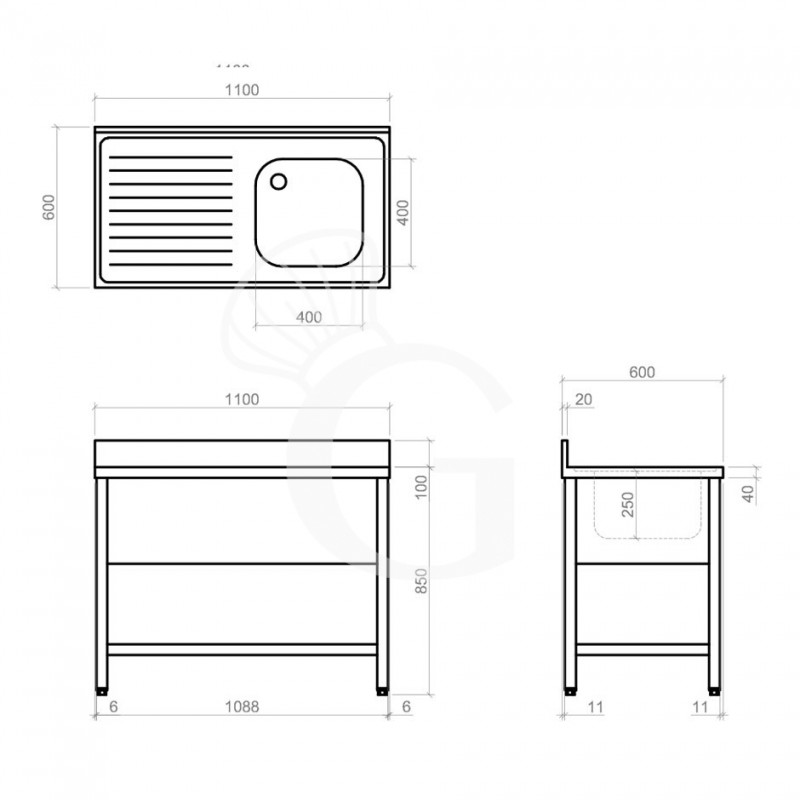 Dibujo técnico del fregadero