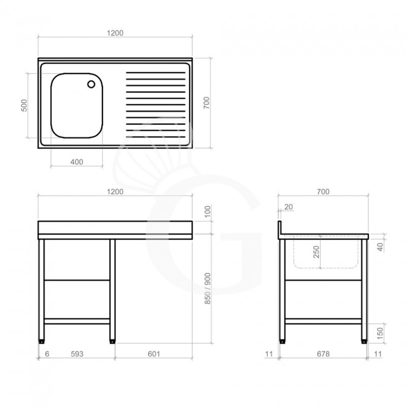Dibujo técnico del fregadero