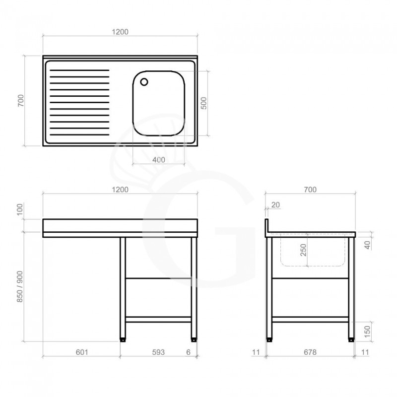 Dibujo técnico del fregadero
