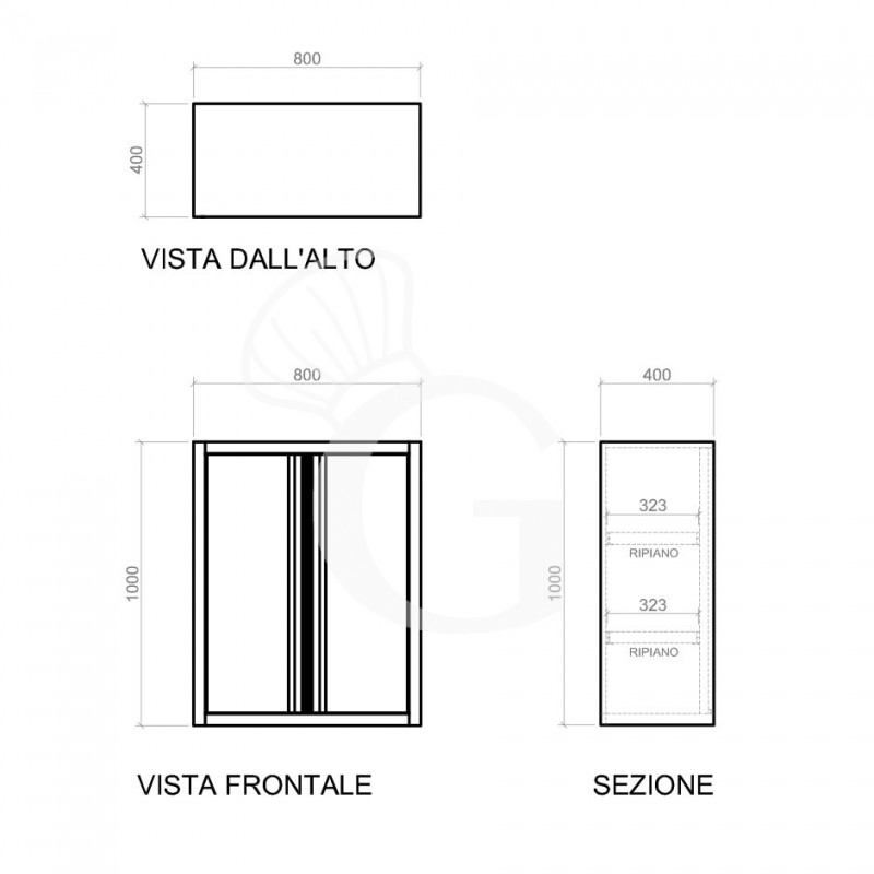 Armario de pared de acero inoxidable con 2 puertas batientes y 2 estantes, L 800 mm x P 400 mm x A 1000 mm