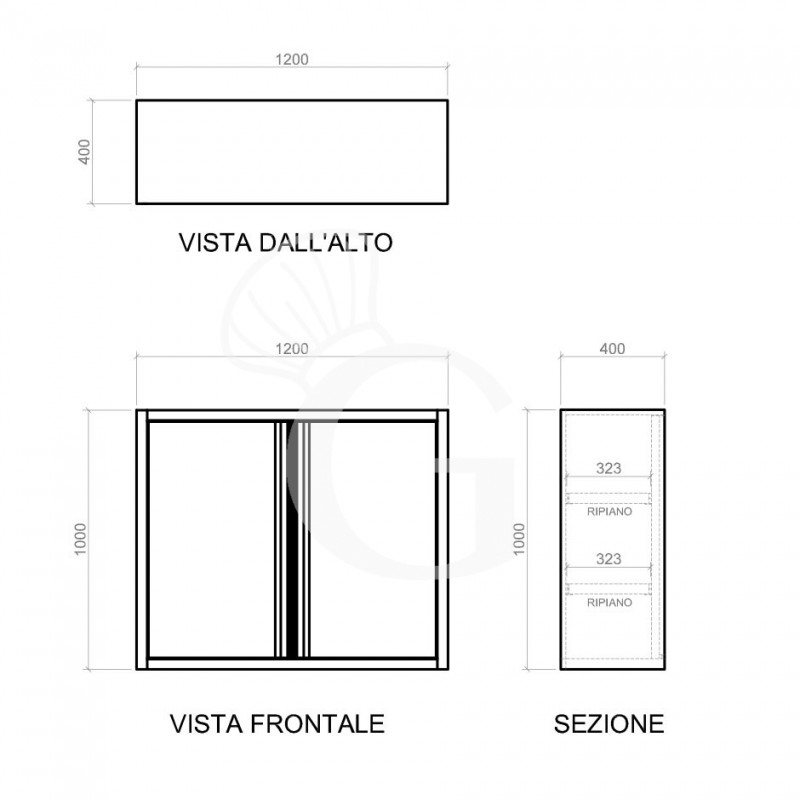 Armario de pared de acero inoxidable 2 puertas batientes y 2 estantes, L 1200 mm x P 400 mm x A 1000 mm