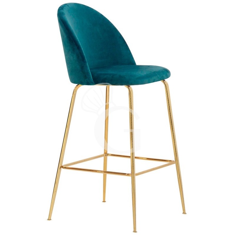 Taburete Edward con estructura de metal latonado y tapicería de terciopelo, azul claro