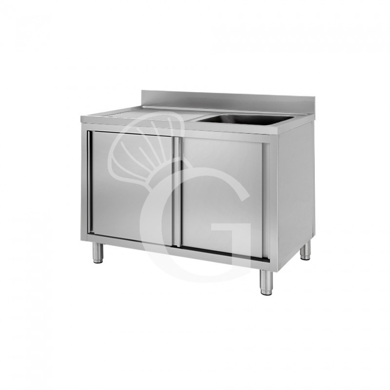 Fregadero con mueble inox con 2 puertas correderas, 1 cubeta, escurridor a la izquierda y peto L1100mmxP600mmxA950 mm