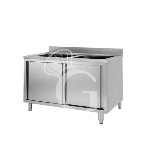 Fregadero con mueble inox 2 puertas correderas, peto, 2 cubetas L 1600 mm x P 700 mm x A 950 mm