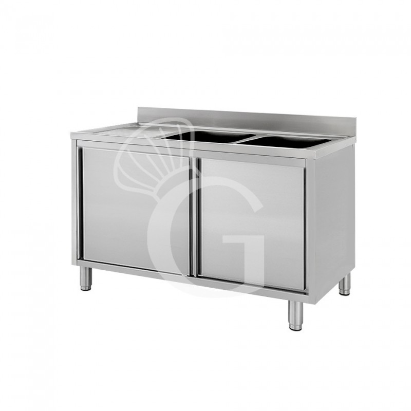 Fregadero con mueble inox con 2 puertas correderas, 2 cubetas, escurridor a la izquierda y peto L1600xP600xA950
