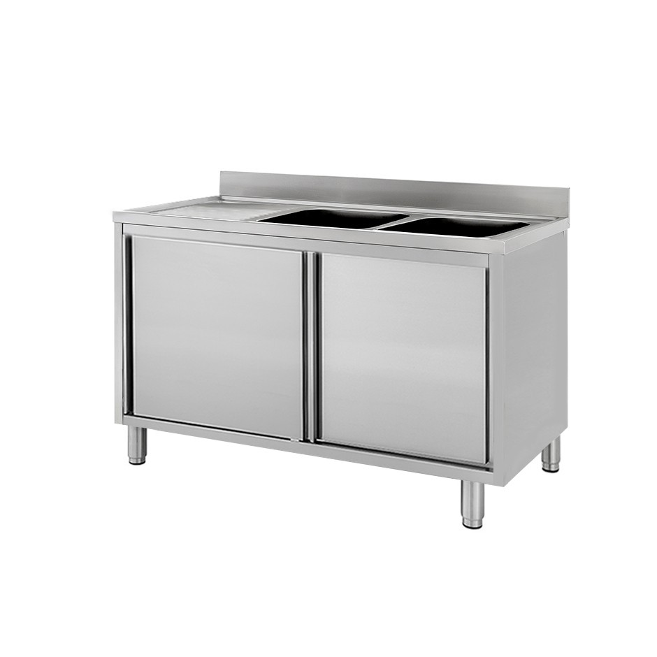 Fregadero con mueble inox con 2 puertas correderas, 2 cubetas, escurridor a la izquierda y peto L1600xP600xA950