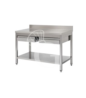 Mesa de trabajo de acero inoxidable con estante, peto trasero, 2 cajones L 1300 mm x P 600 mm x A 950 mm