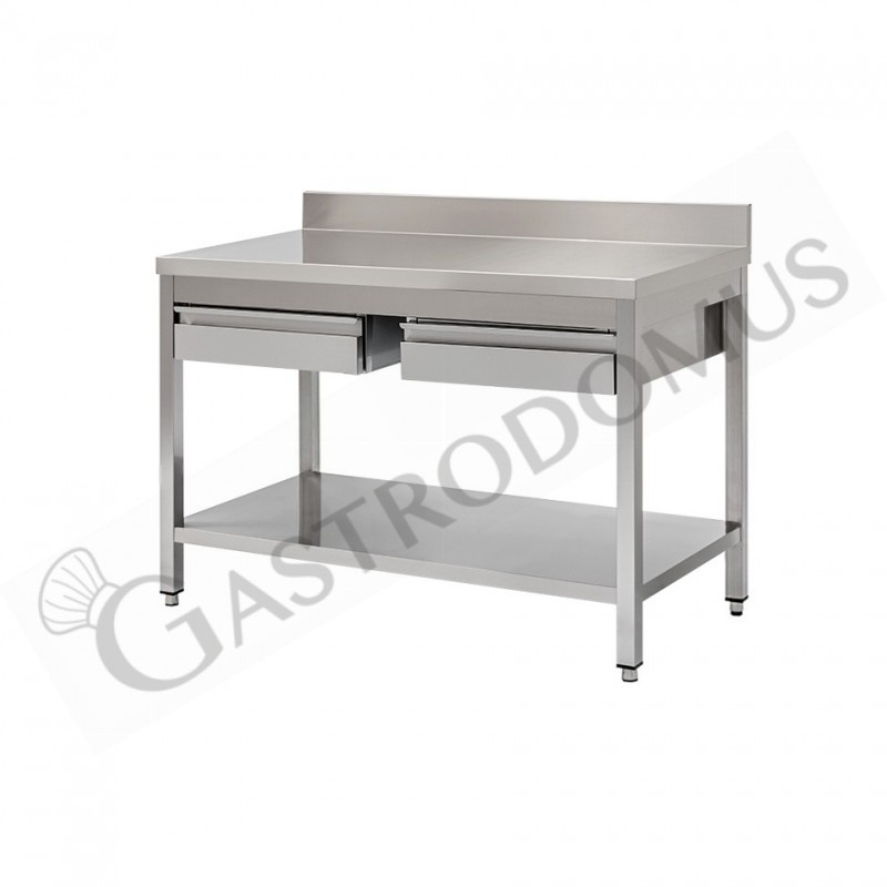 Mesa de trabajo de acero inoxidable con estante, peto trasero, 2 cajones L 1300 mm x P 600 mm x A 950 mm
