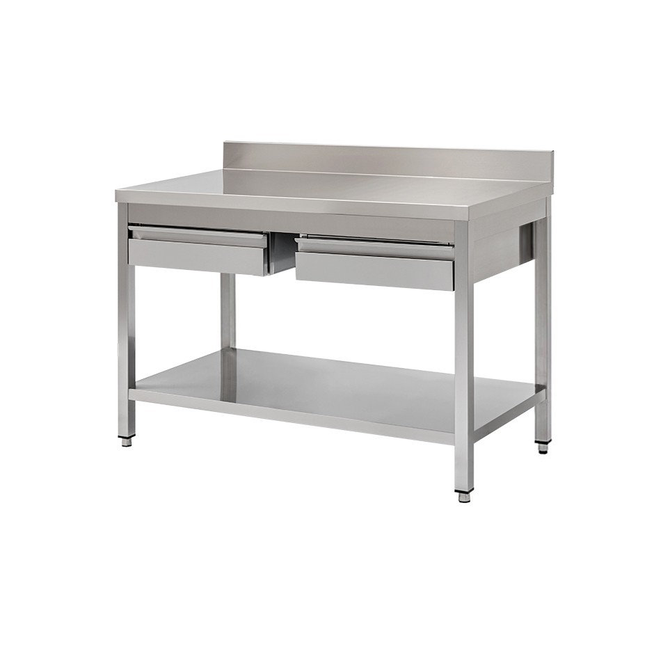 Mesa de trabajo de acero inoxidable con estante, peto trasero, 2 cajones L 1300 mm x P 600 mm x A 950 mm