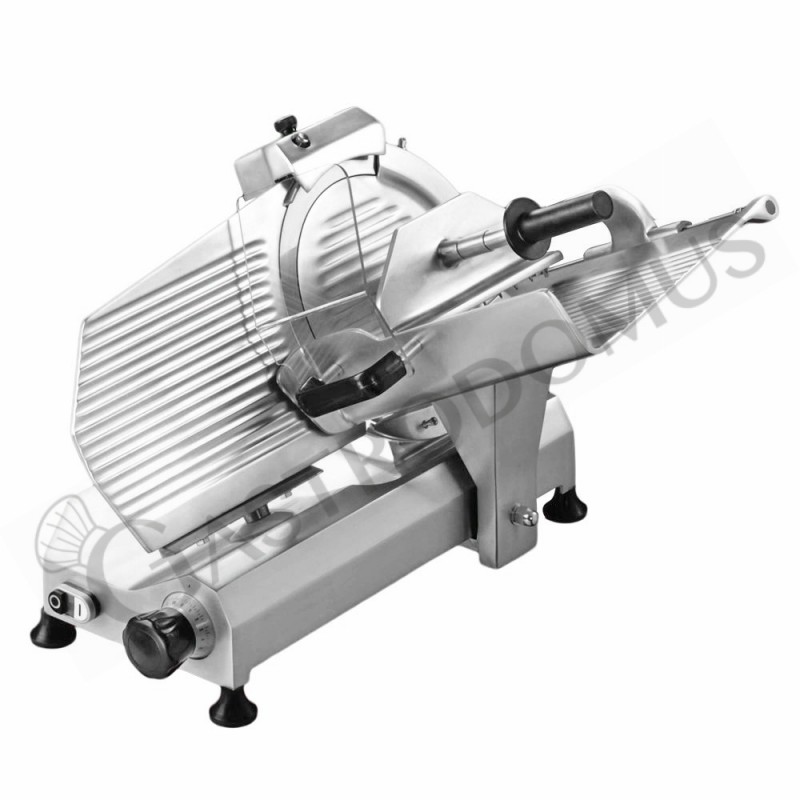Cortadora de fiambre por gravedad de aluminio, diámetro cuchilla 300 mm, afilador fijo y carrera larga