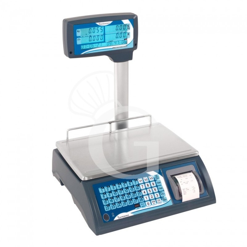Báscula comercial con columna e impresora capacidad de 30 kg con una precisión de 5/10 g. L 370 mm x P 410 mm x A 470 mm