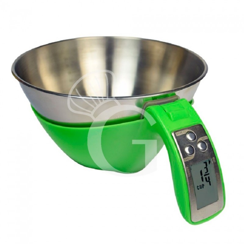 Balanza de cocina cubeta de acero inoxidable pantalla LCD capacidad 5 Kg L 110 mm x diámetro 210 mm x A 115 mm