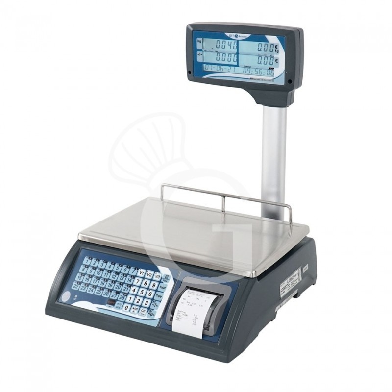 Báscula comercial con columna e impresora capacidad de 30 kg con una precisión de 5/10 g. L 370 mm x P 410 mm x A 470 mm