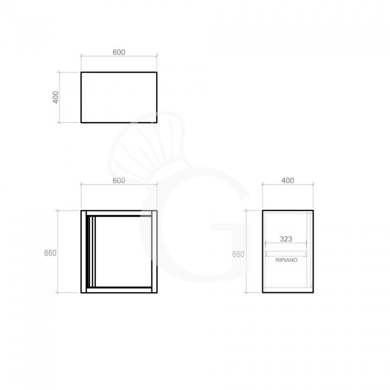 Pensile inox con 1 porta battente, 1 ripiano, L 600 x P 400 x H 660 mm