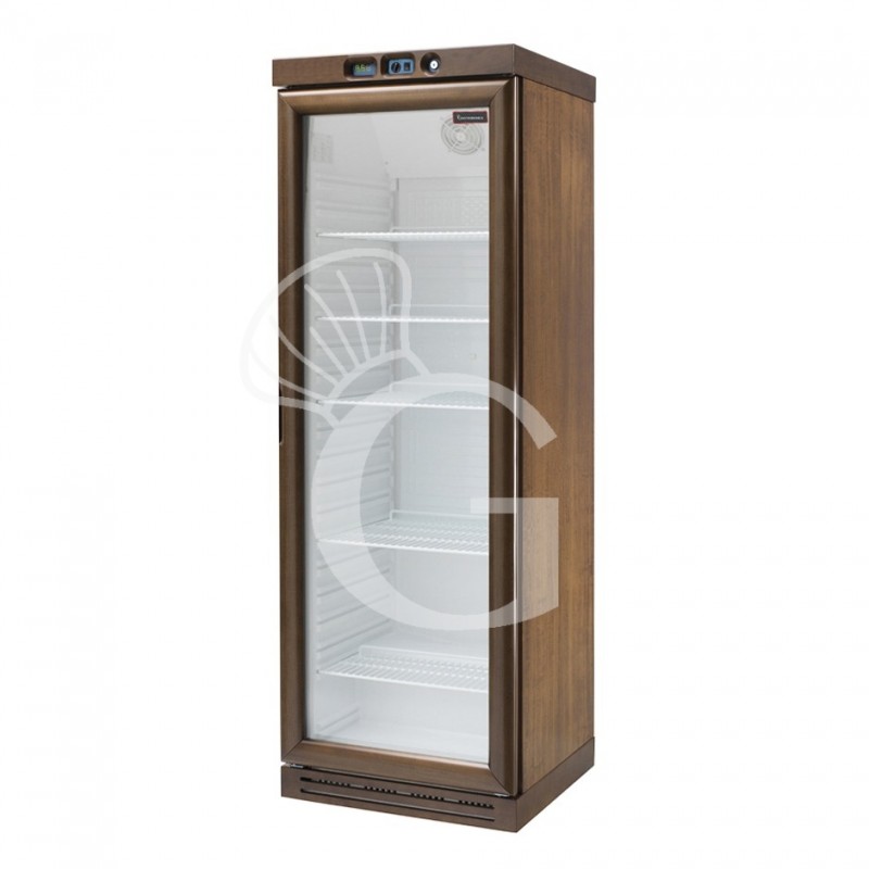 Vinoteca de madera con refrigeración estática, capacidad de 340 litros, temperatura regulable de +2°C/+8°C y 4 estantes internos