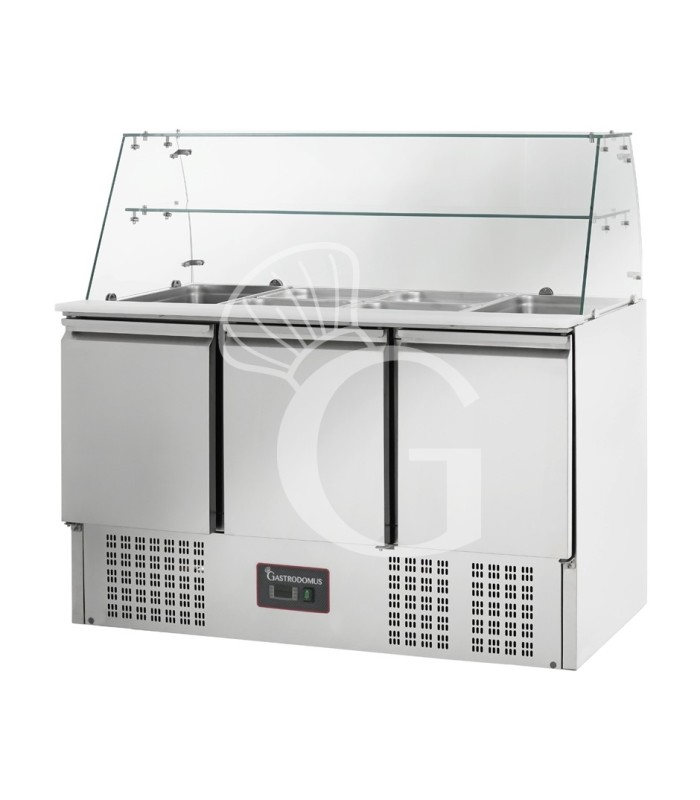 Mesa fría para ensaladas GN1/1, para 4 cubetas con 3 puertas y vitrina