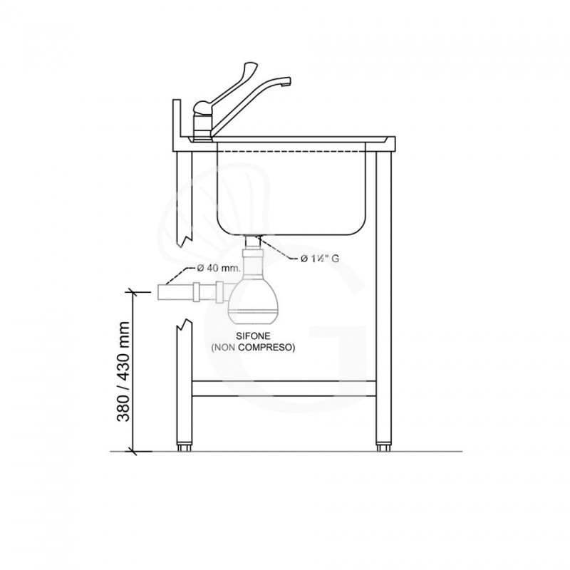 Fregadero 1 cubeta y escurridor a la izquierda, estante, peto L 1000 mm x P 600 mm x A 965 mm- con agujero para el grifo Ø 32 mm