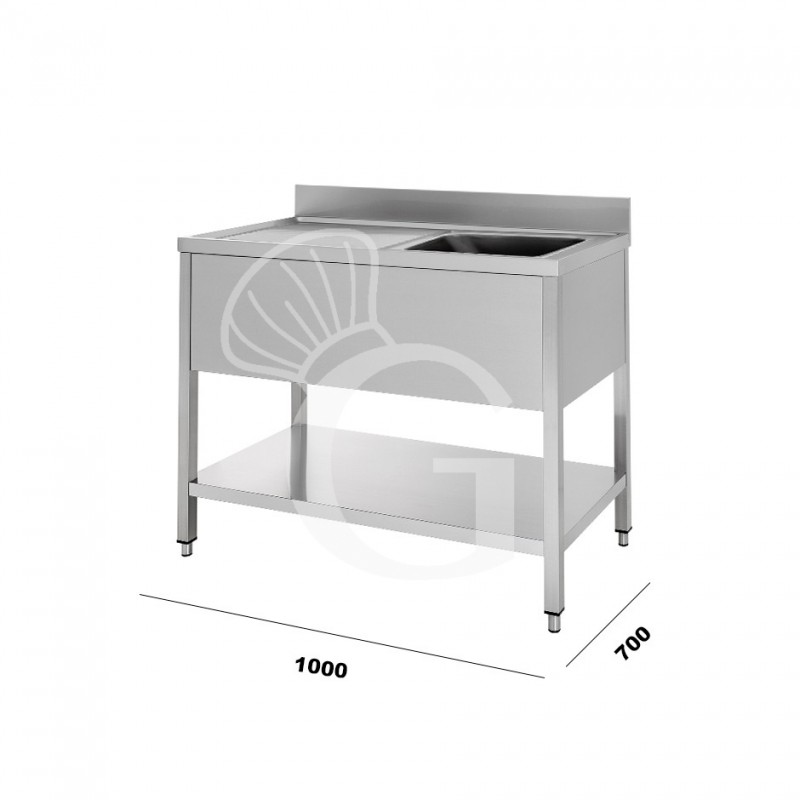 Fregadero inox con 1 cubeta y escurridor a la izquierda, estante, peto L1000mmxP700mmxA965mm- con agujero para el grifo Ø 32 mm