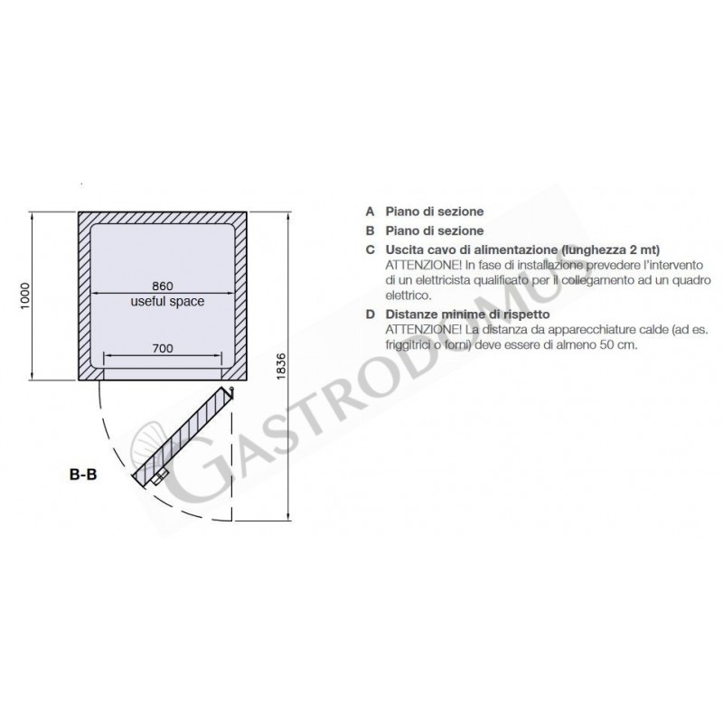 Mini Cámara Frigorífica ventilada con temperatura 0°C/+10°C 0°C/+10°C en chapa de acero inoxidable AISI304