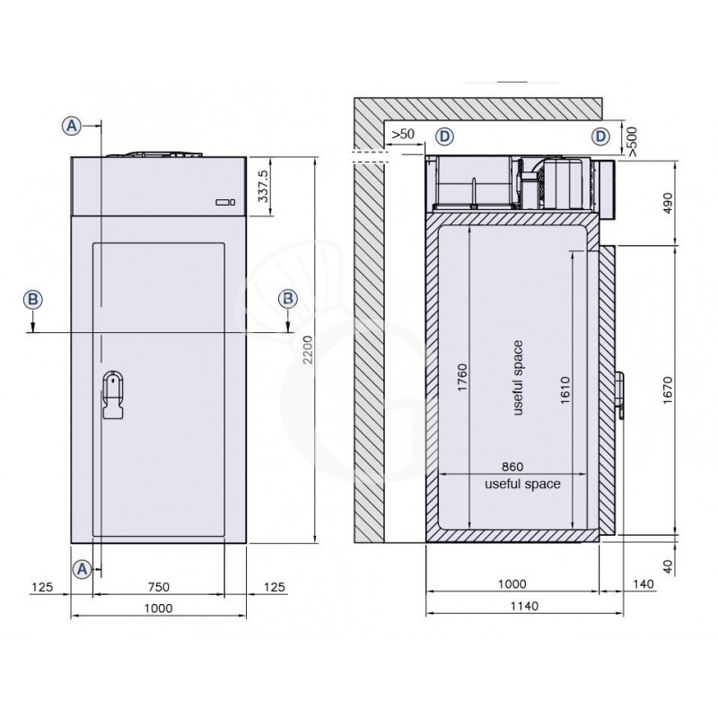 Mini Cámara frigorífica con refrigeración ventilada -18°C/-22°C en chapa de acero inoxidable AISI304
