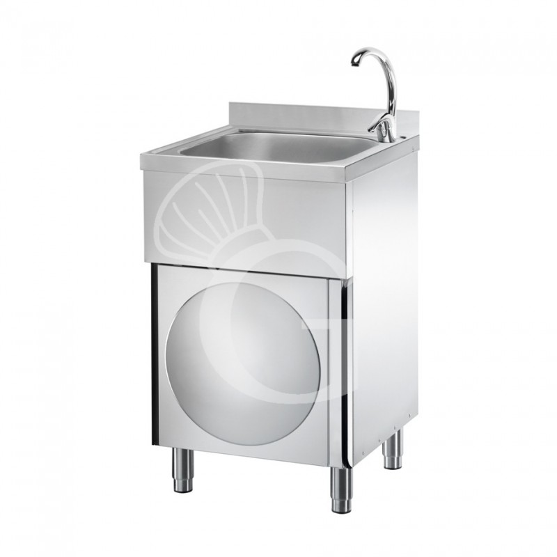 Fregadero de acero inoxidable sobre mueble, puerta batiente