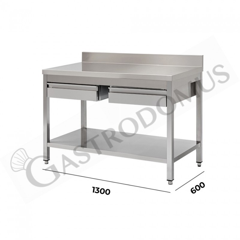 Mesa de acero inoxidable con estante peto 2 cajones L 1300 mm x P 600 mm x A 950 mm