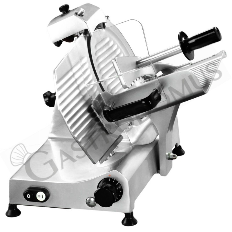 Cortadora de fiambre automática de aluminio por gravedad, diámetro cuchilla 350 mm, afilador fijo, motor 0,5 hp
