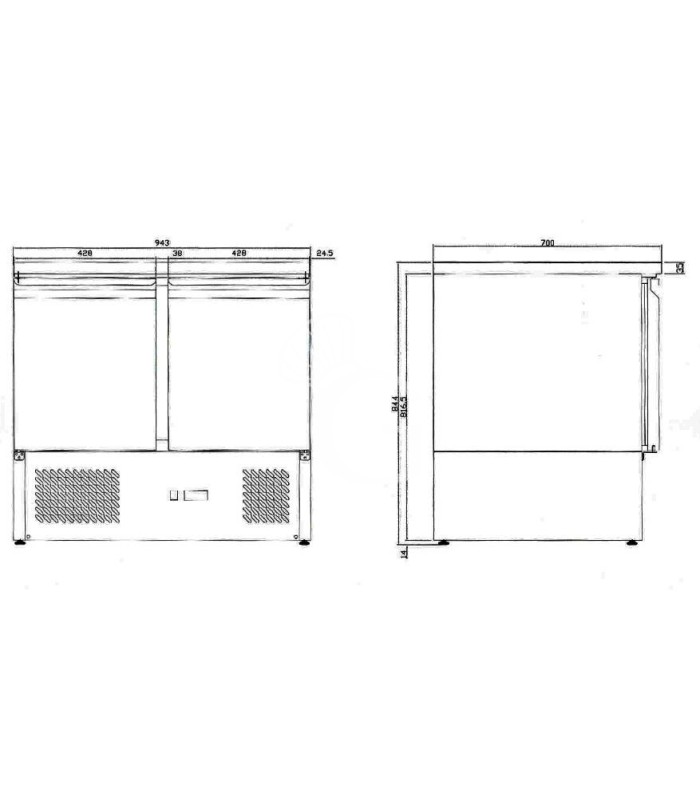 Mesa fria para ensaladas 2 puertas, temperatura -12°C/-18°C, tapa de acero inoxidable