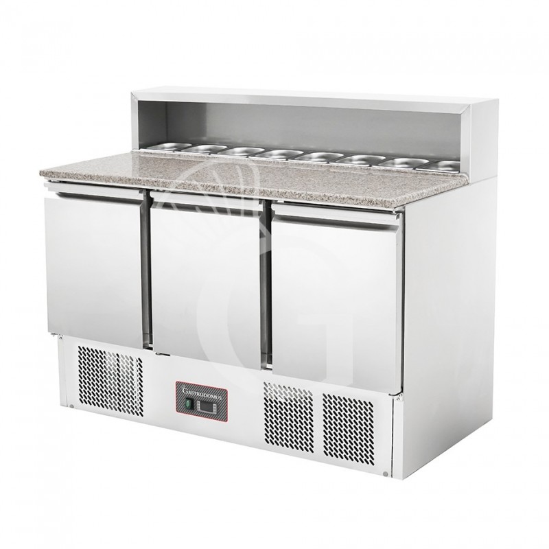 Mesa fria para ensaladas 3 puertas, temperatura +2°C/+8°C, encimera de granito