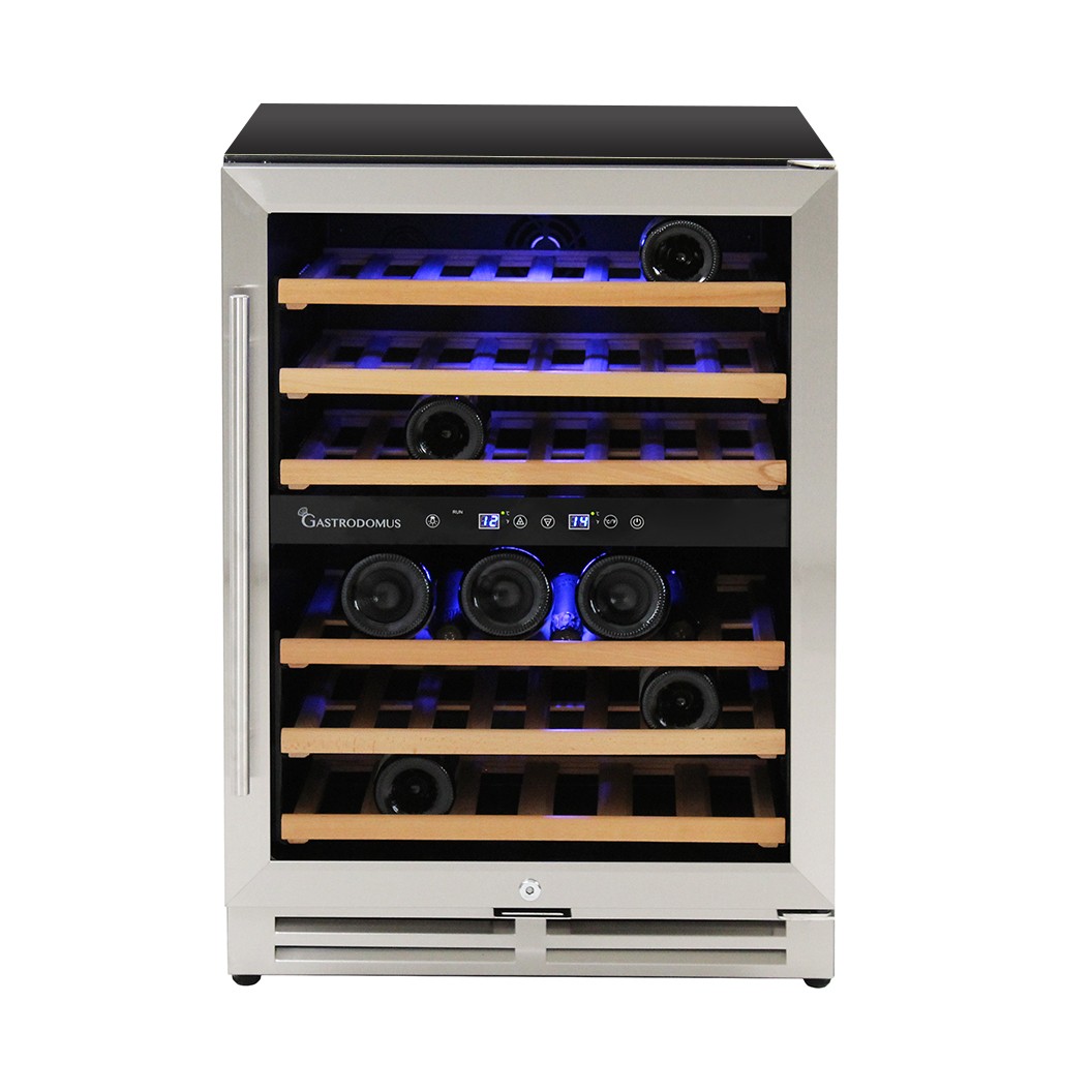 Vinoteca empotrable ventilada puerta de acero inoxidable de doble temperatura 150 LT 6 estantes 46 botellas +5°C/+22°C